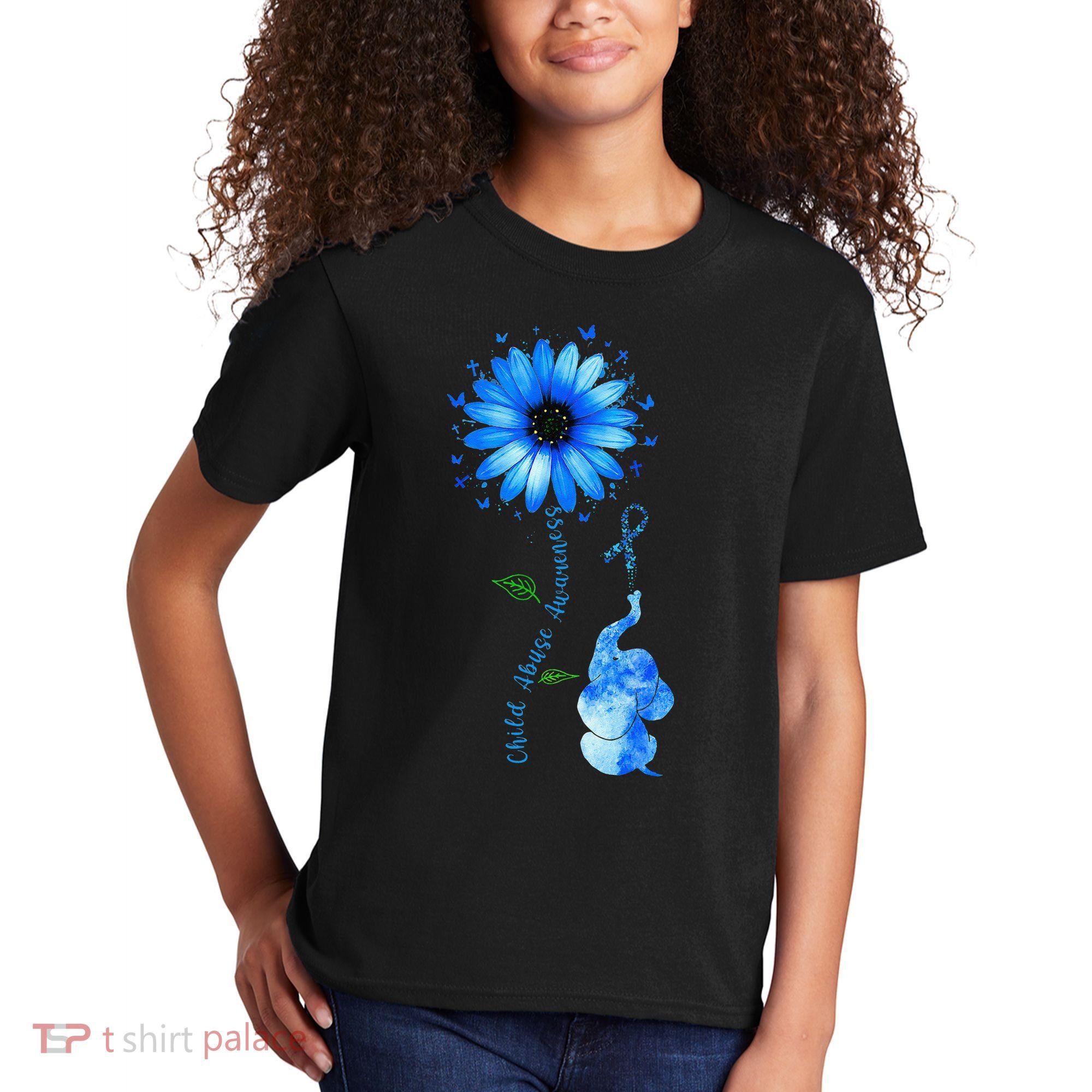 Child Abuse Awareness Sunflower Light Blue Ribbon Elephant Kids T-Shirt