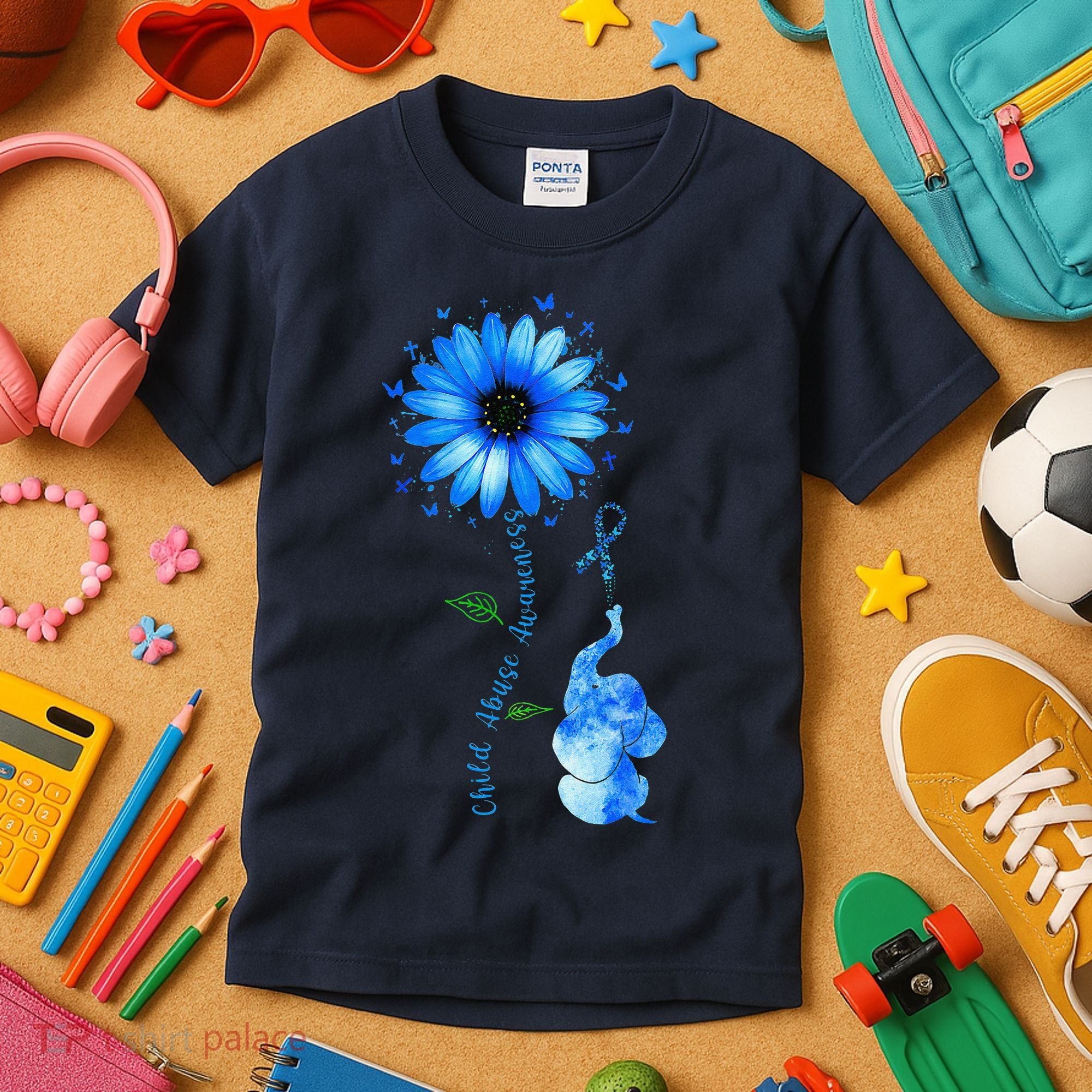 Child Abuse Awareness Sunflower Light Blue Ribbon Elephant Kids T-Shirt
