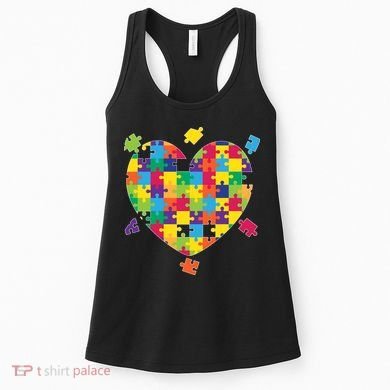 Cute Autism Awareness Rainbow Puzzle Pieces Heart Women's Tank Top