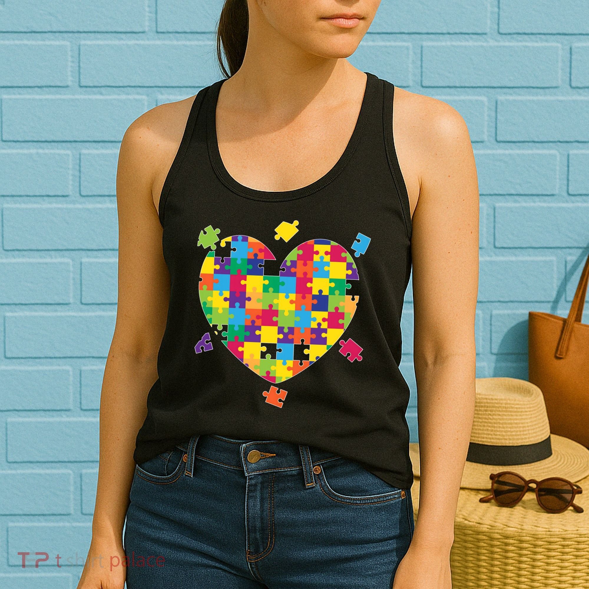 Cute Autism Awareness Rainbow Puzzle Pieces Heart Women's Tank Top