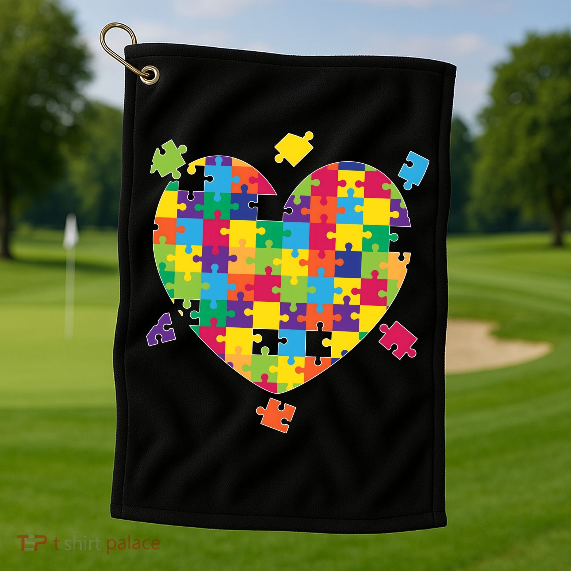 Cute Autism Awareness Rainbow Puzzle Pieces Heart Golf Towel