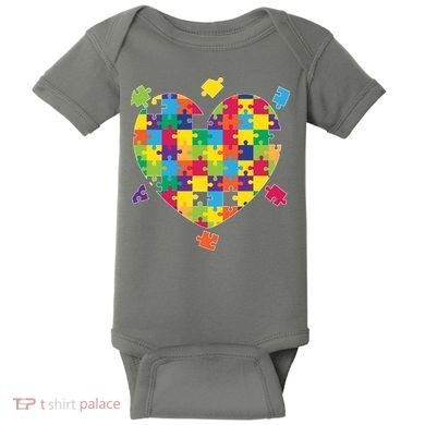 Cute Autism Awareness Rainbow Puzzle Pieces Heart Baby Bodysuit