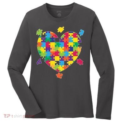 Cute Autism Awareness Rainbow Puzzle Pieces Heart Women's Long Sleeve Shirt