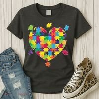 Cute Autism Awareness Rainbow Puzzle Pieces Heart Women's T-Shirt thumb 3