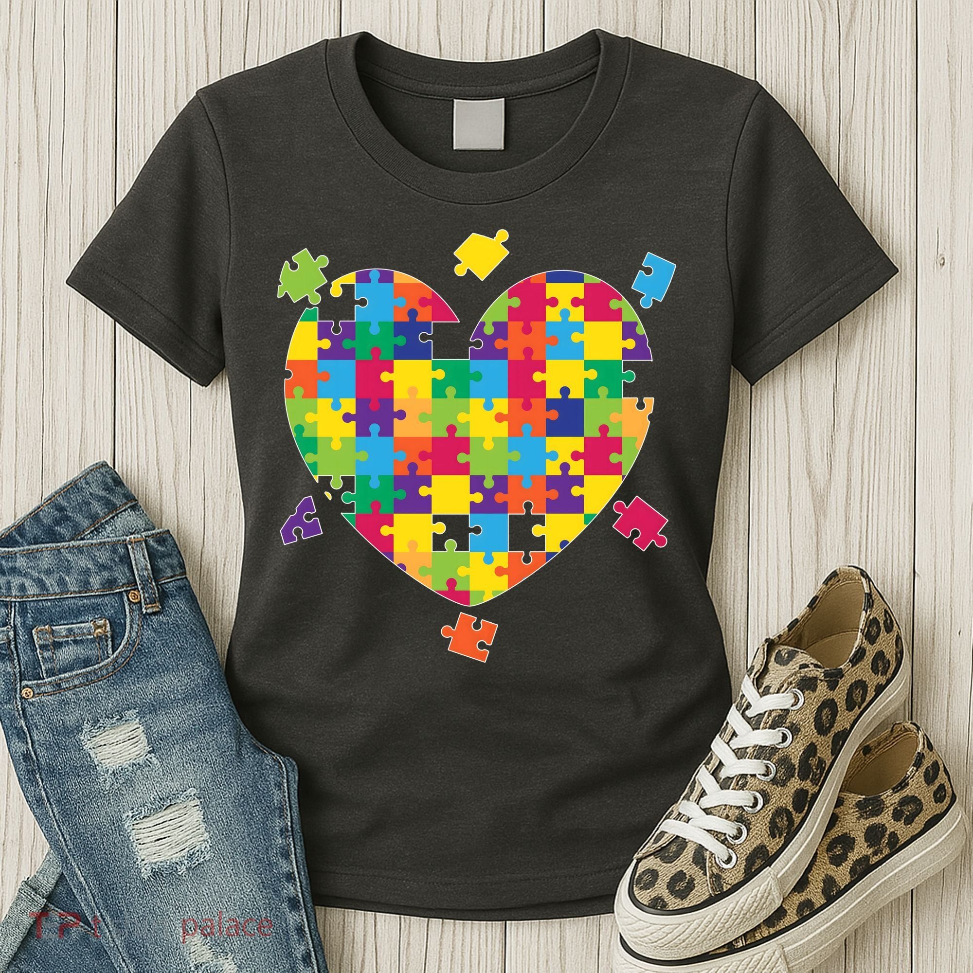 Cute Autism Awareness Rainbow Puzzle Pieces Heart Women's T-Shirt