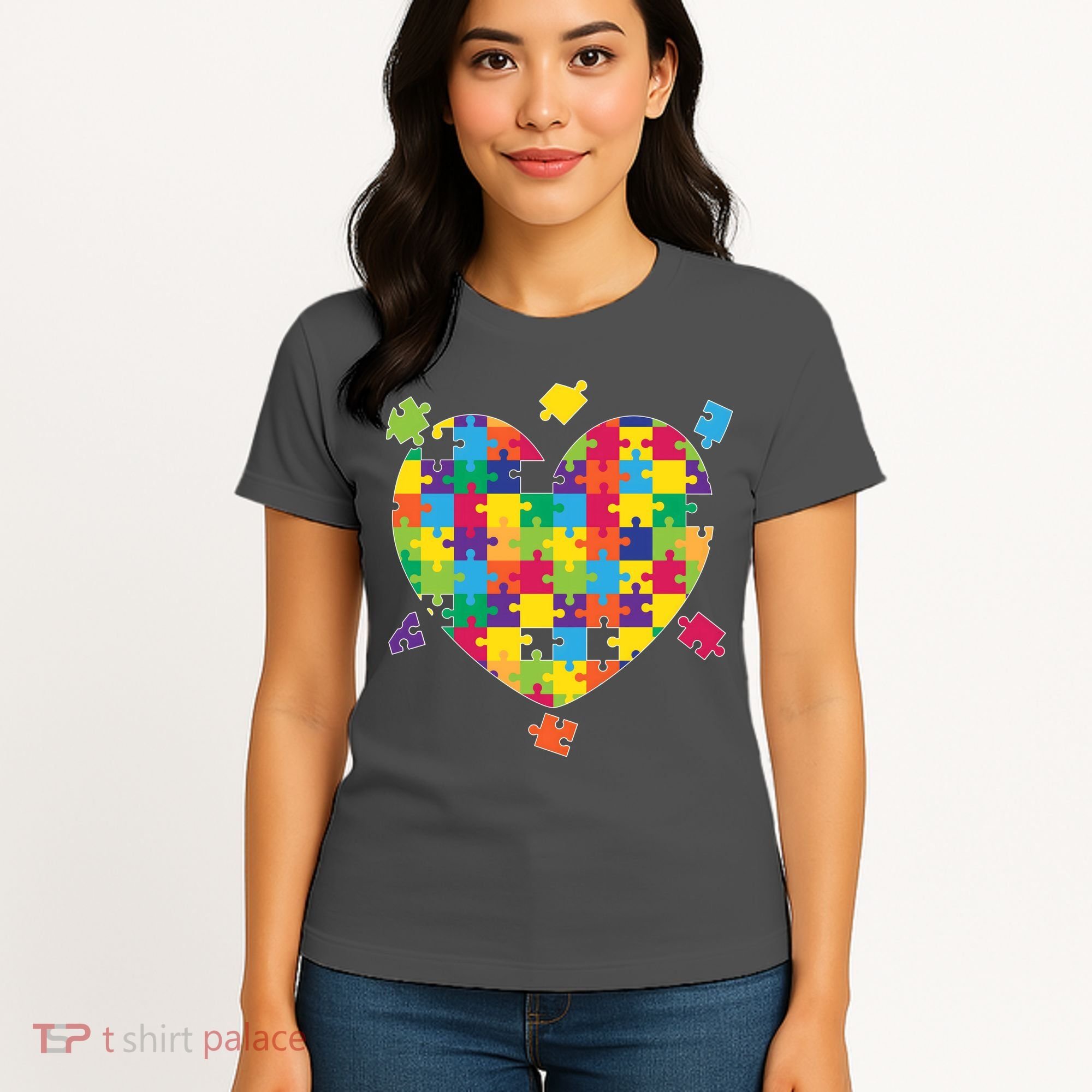 Cute Autism Awareness Rainbow Puzzle Pieces Heart Women's T-Shirt