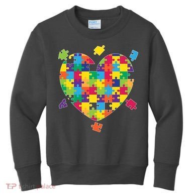 Cute Autism Awareness Rainbow Puzzle Pieces Heart Kids Sweatshirt