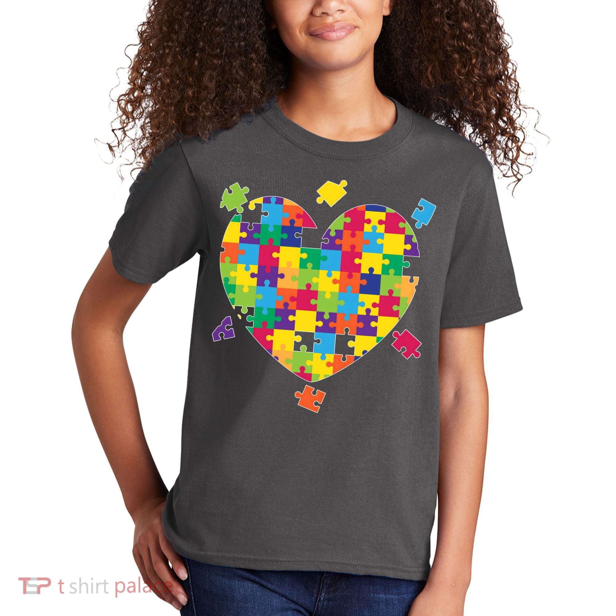 Cute Autism Awareness Rainbow Puzzle Pieces Heart Kids T-Shirt