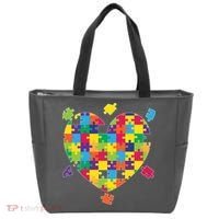 Cute Autism Awareness Rainbow Puzzle Pieces Heart Tote Bag thumb 0