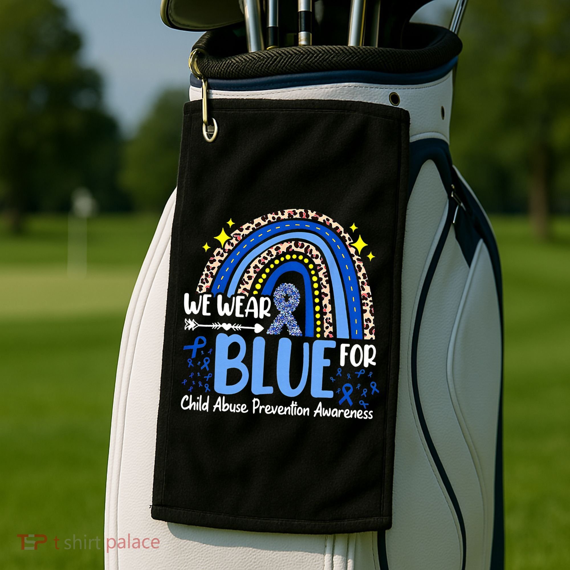 Child Abuse Awareness Blue Ribbon Trex Dinosaur Golf Towel