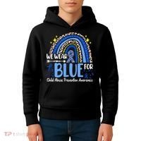 Child Abuse Awareness Blue Ribbon Trex Dinosaur Kids Hoodie thumb 4