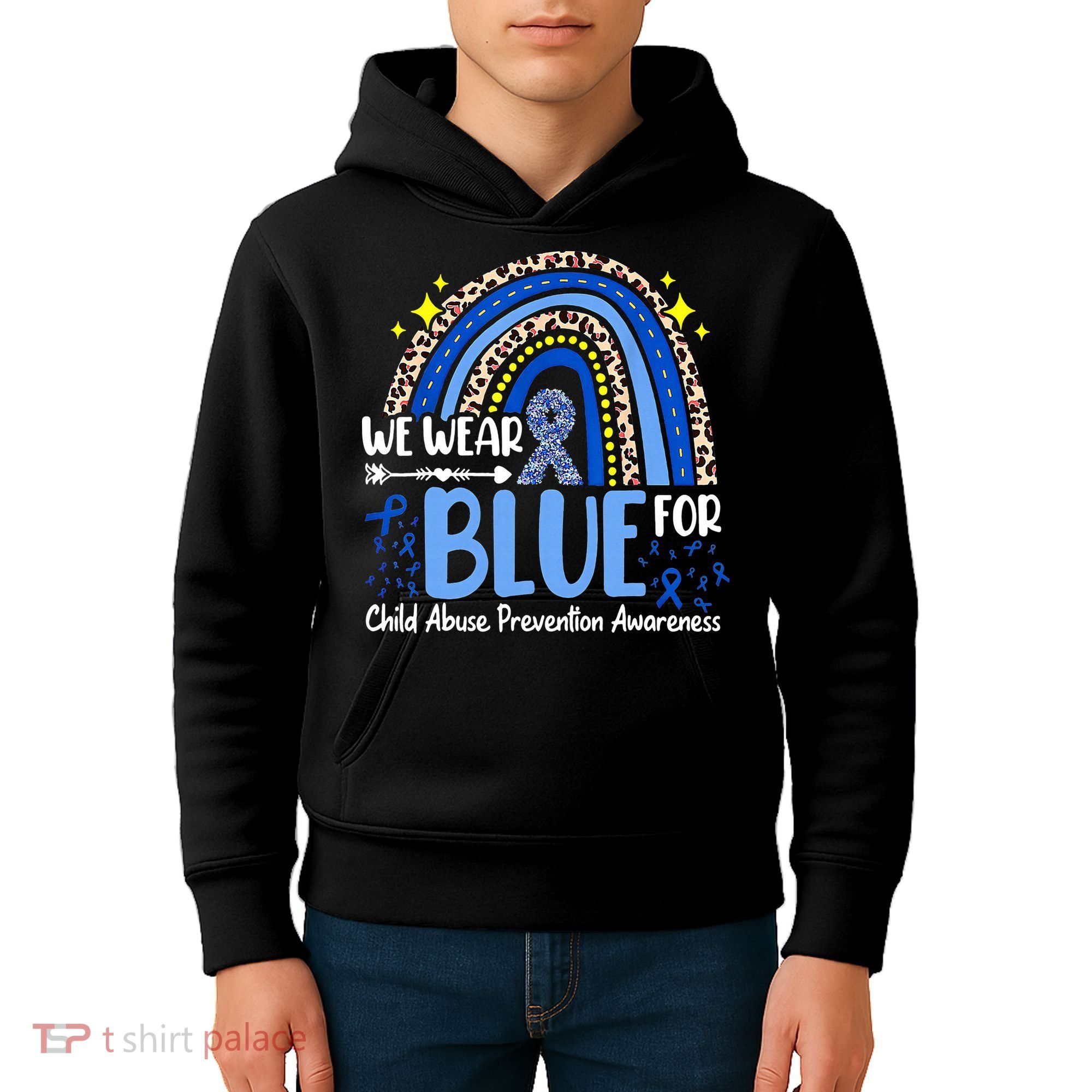 Child Abuse Awareness Blue Ribbon Trex Dinosaur Kids Hoodie