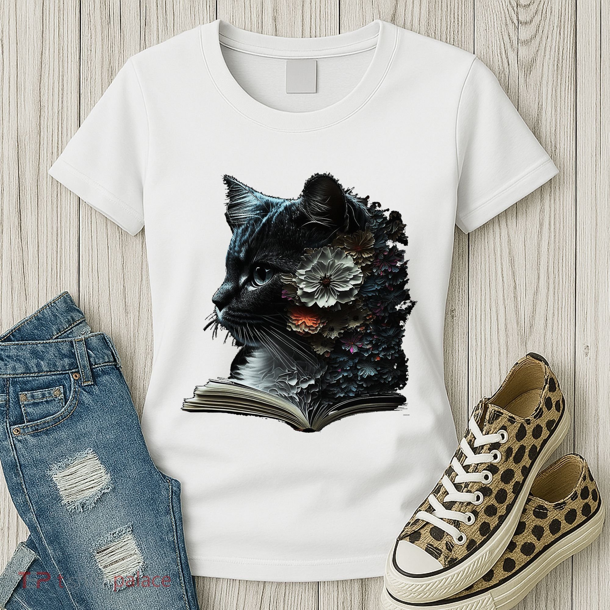 Cat Art Book Cat Motif Flowers Cat Women's T-Shirt