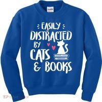 Cat And Book Lover Funny Easily Distracted By Cats And Books Meaningful Gift Kids Sweatshirt thumb 0