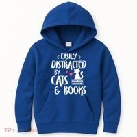 Cat And Book Lover Funny Easily Distracted By Cats And Books Meaningful Gift Kids Hoodie thumb 0