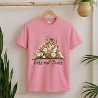 Cats And Books Floral Cute T-Shirt thumb 2
