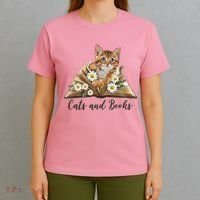 Cats And Books Floral Cute T-Shirt thumb 4