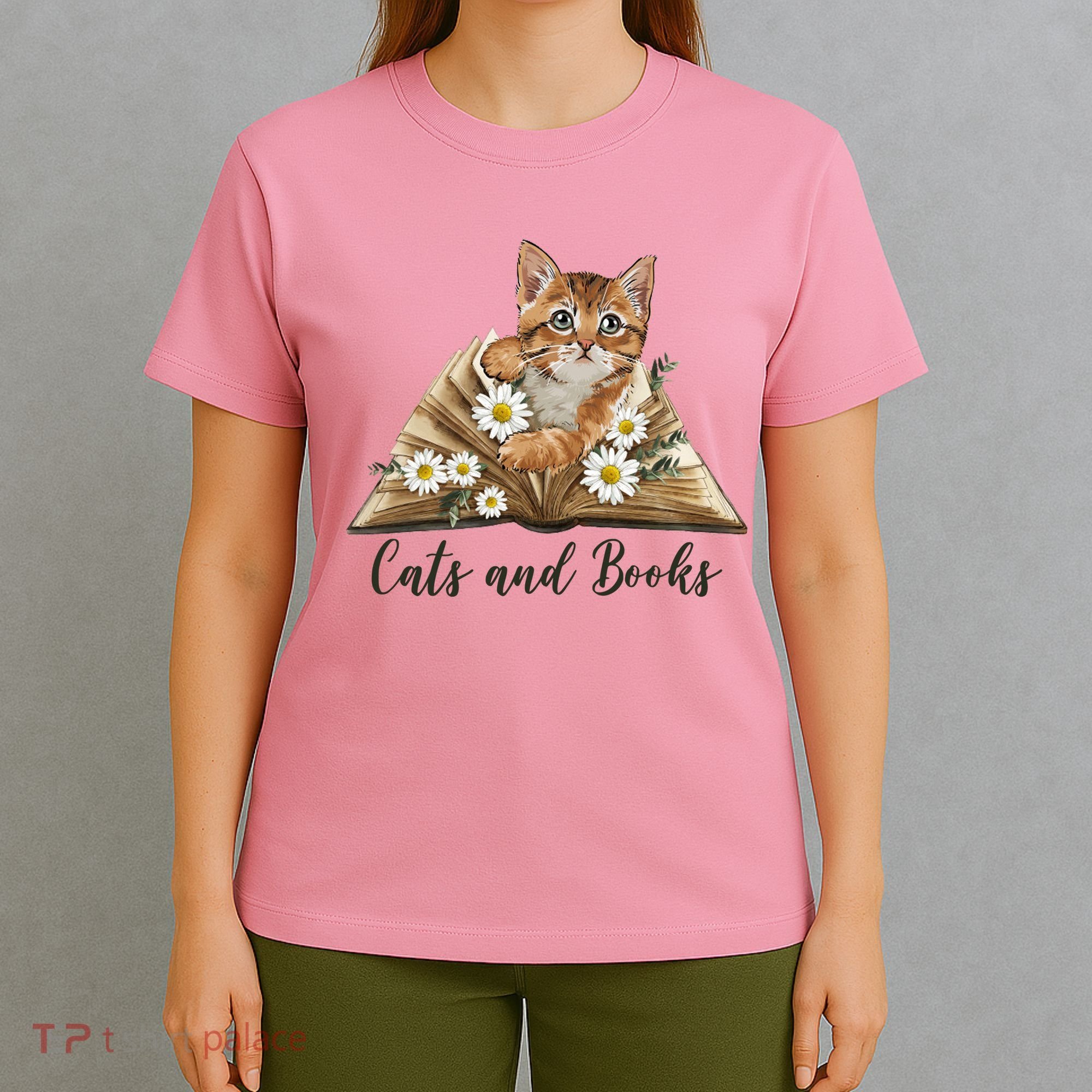 Cats And Books Floral Cute T-Shirt