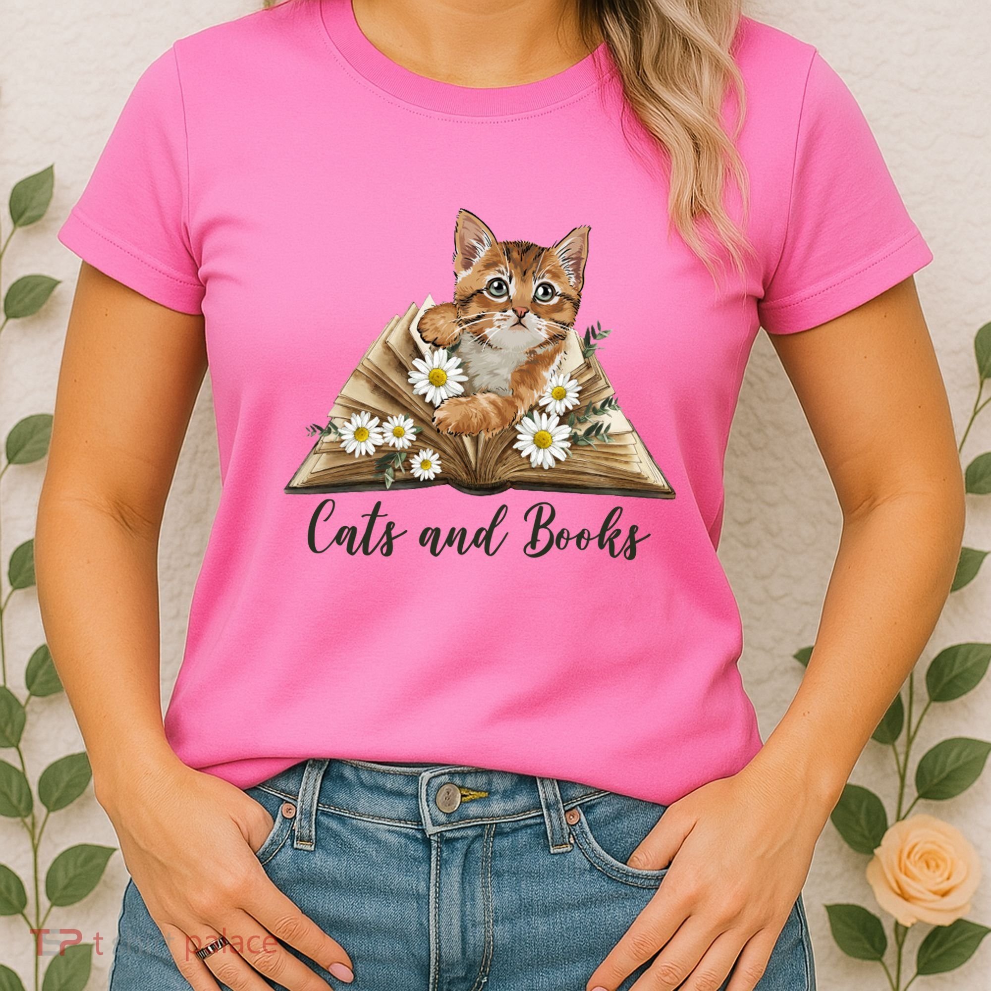 Cats And Books Floral Cute Women's T-Shirt