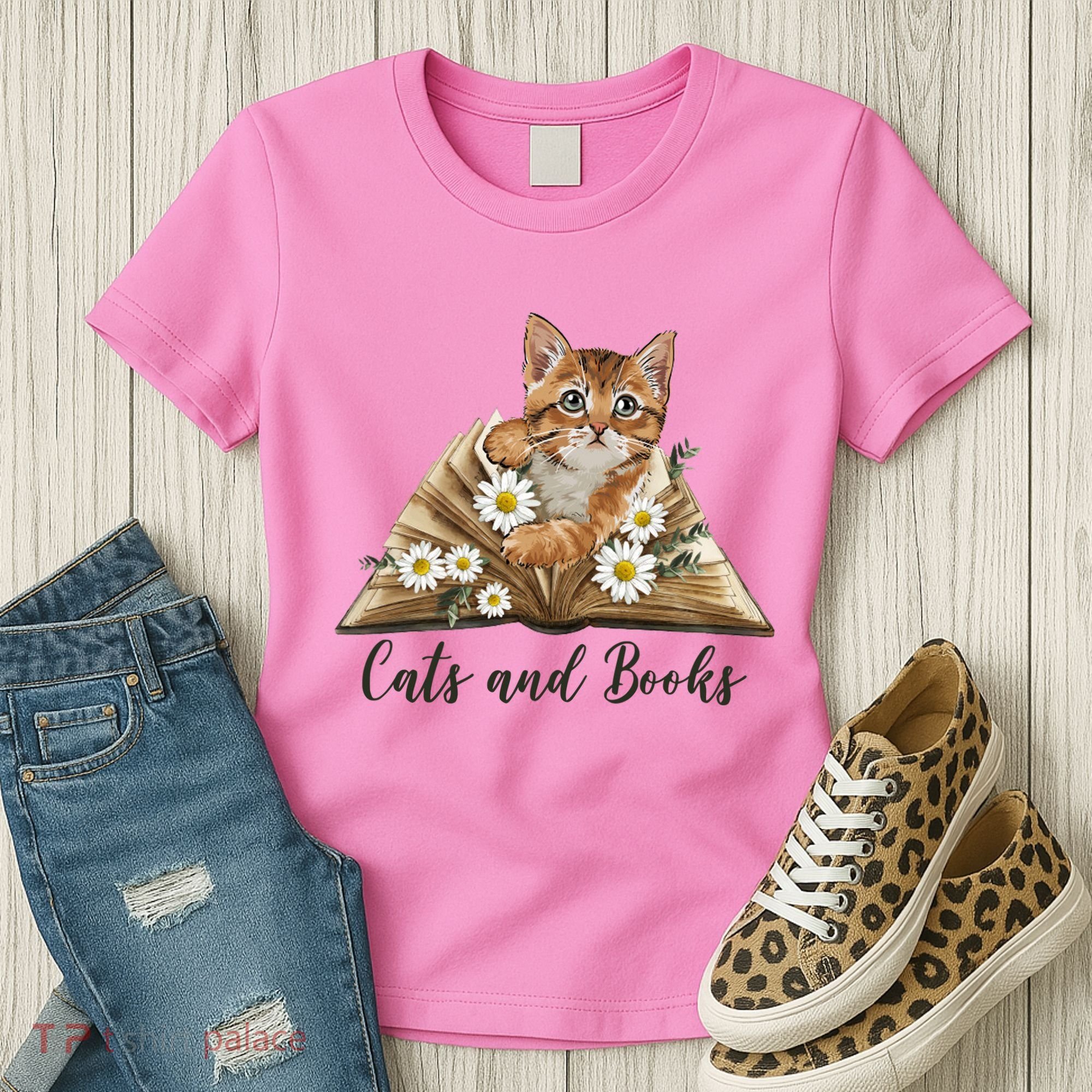 Cats And Books Floral Cute Women's T-Shirt