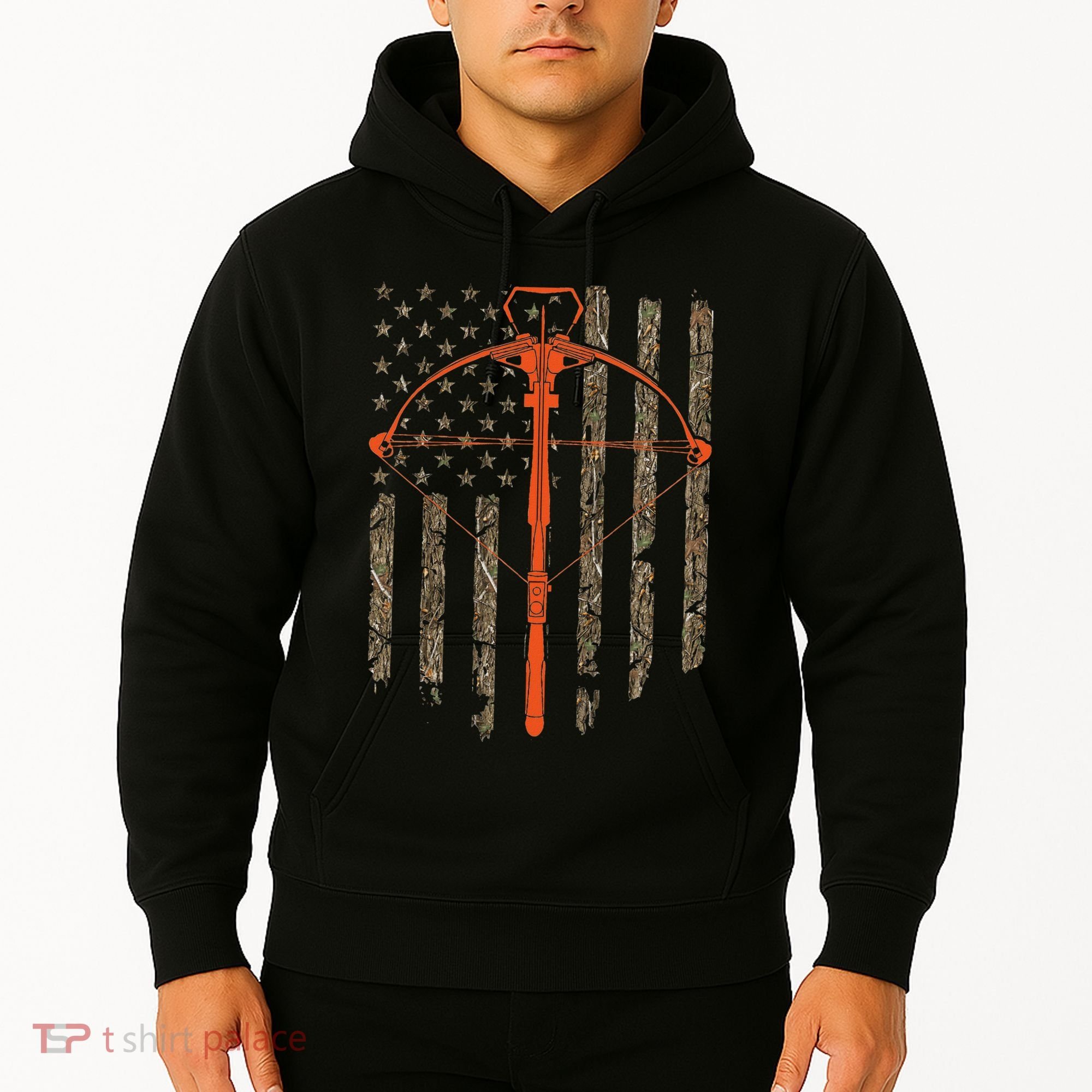 Crossbow Archery Bow Hunting Camo American Flag Distressed Hoodie