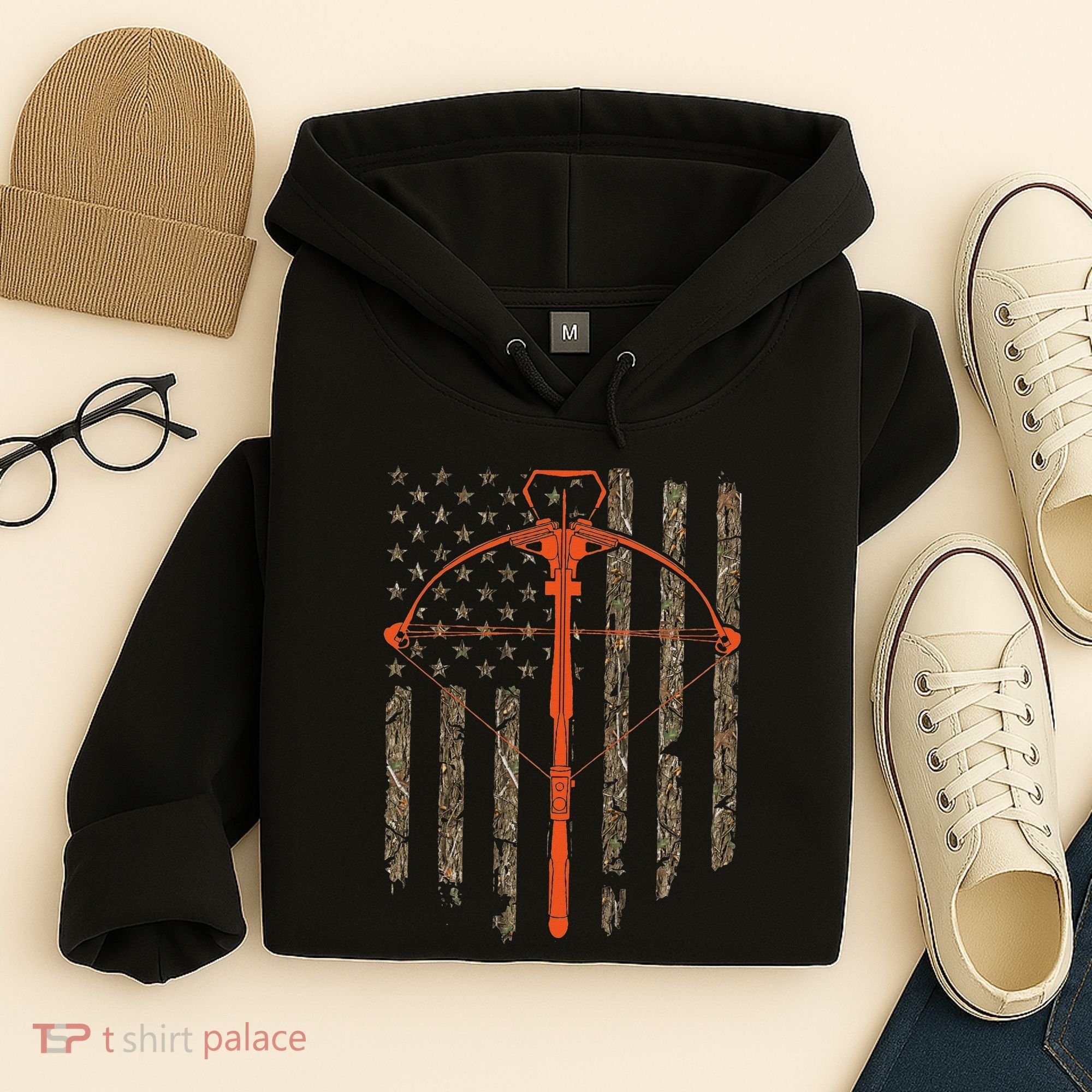 Crossbow Archery Bow Hunting Camo American Flag Distressed Hoodie