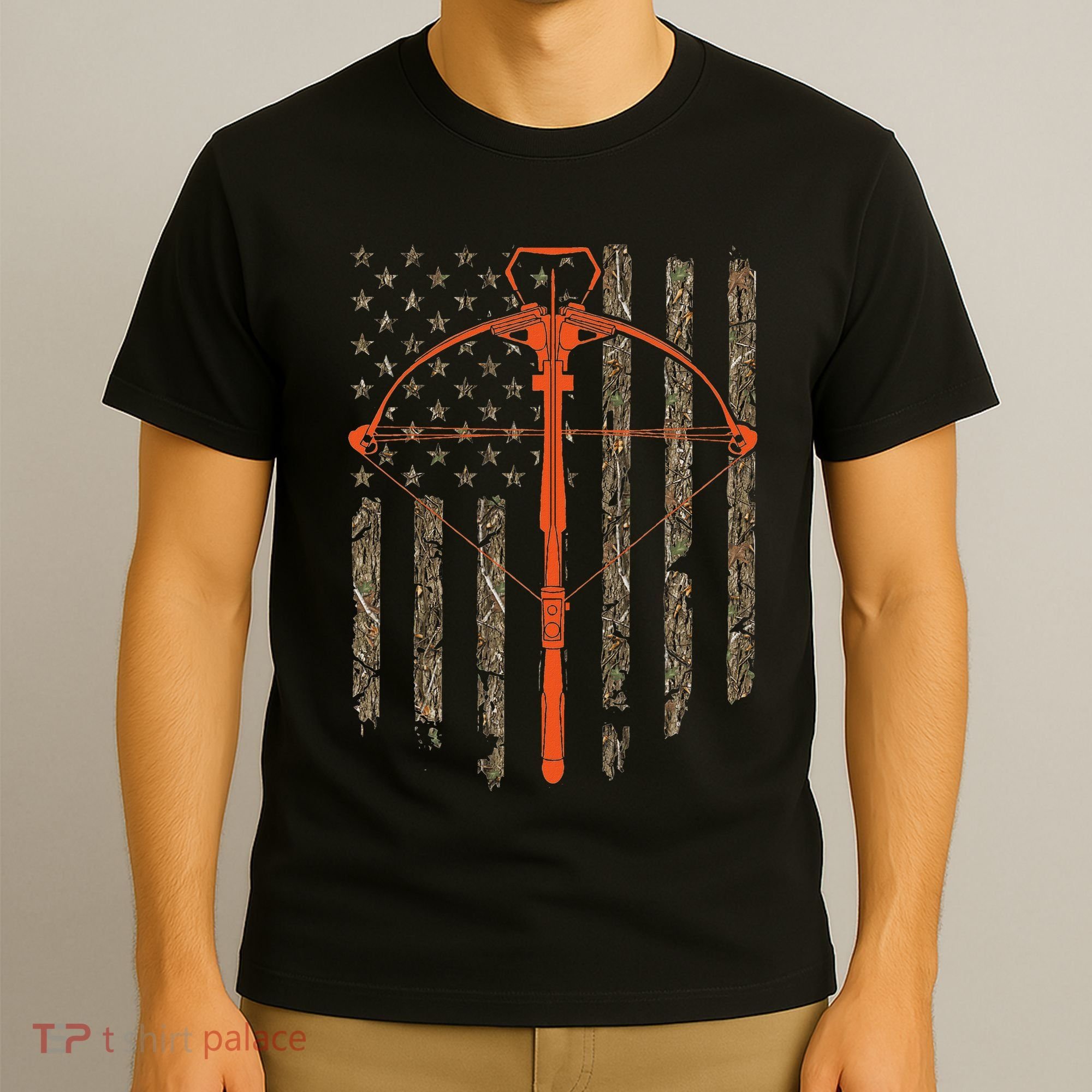 Crossbow Archery Bow Hunting Camo American Flag Distressed T-Shirt