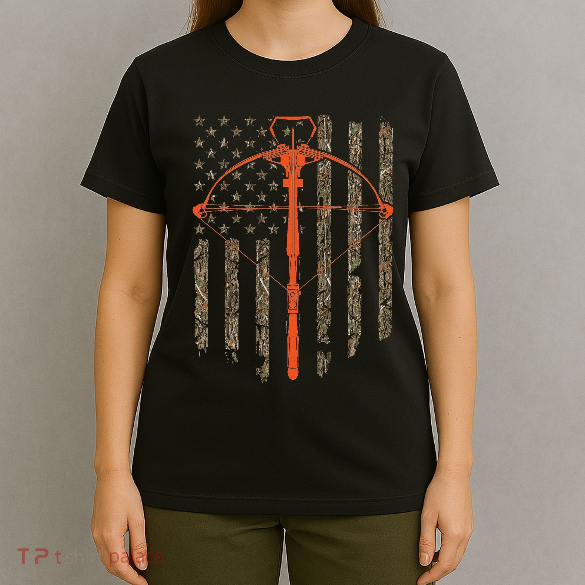 Crossbow Archery Bow Hunting Camo American Flag Distressed T-Shirt