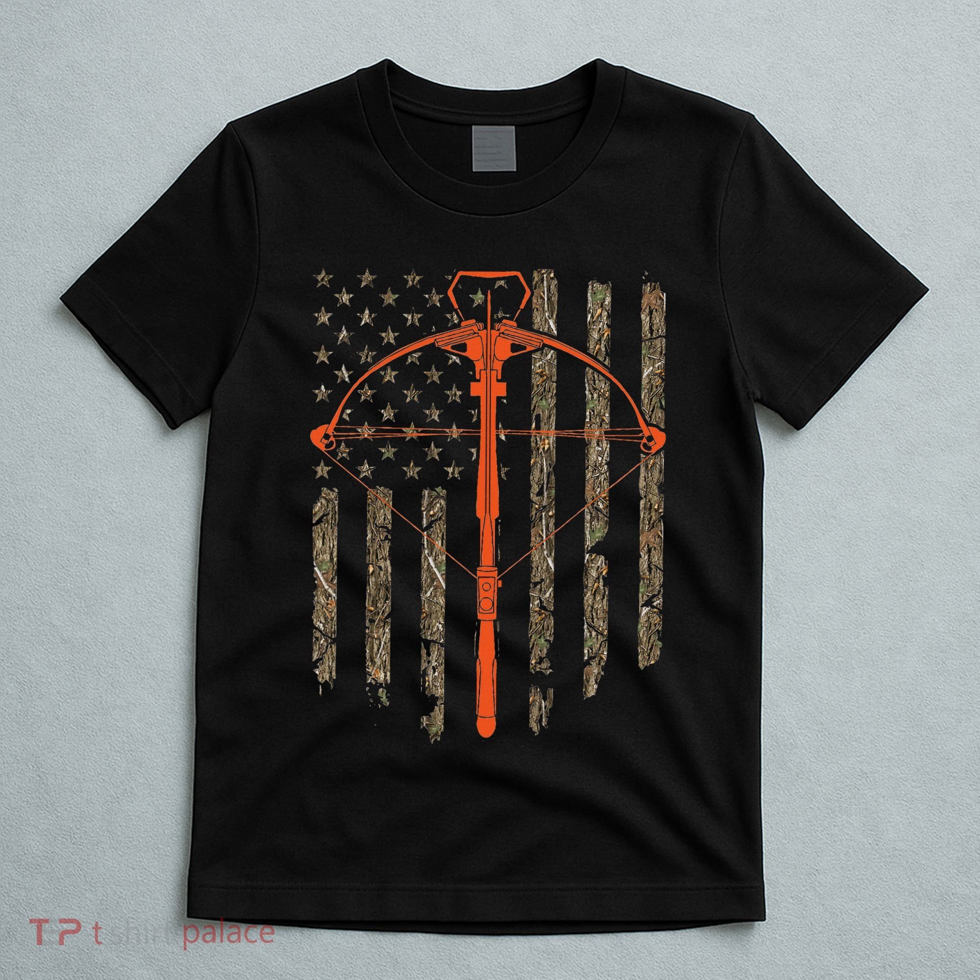 Crossbow Archery Bow Hunting Camo American Flag Distressed T-Shirt