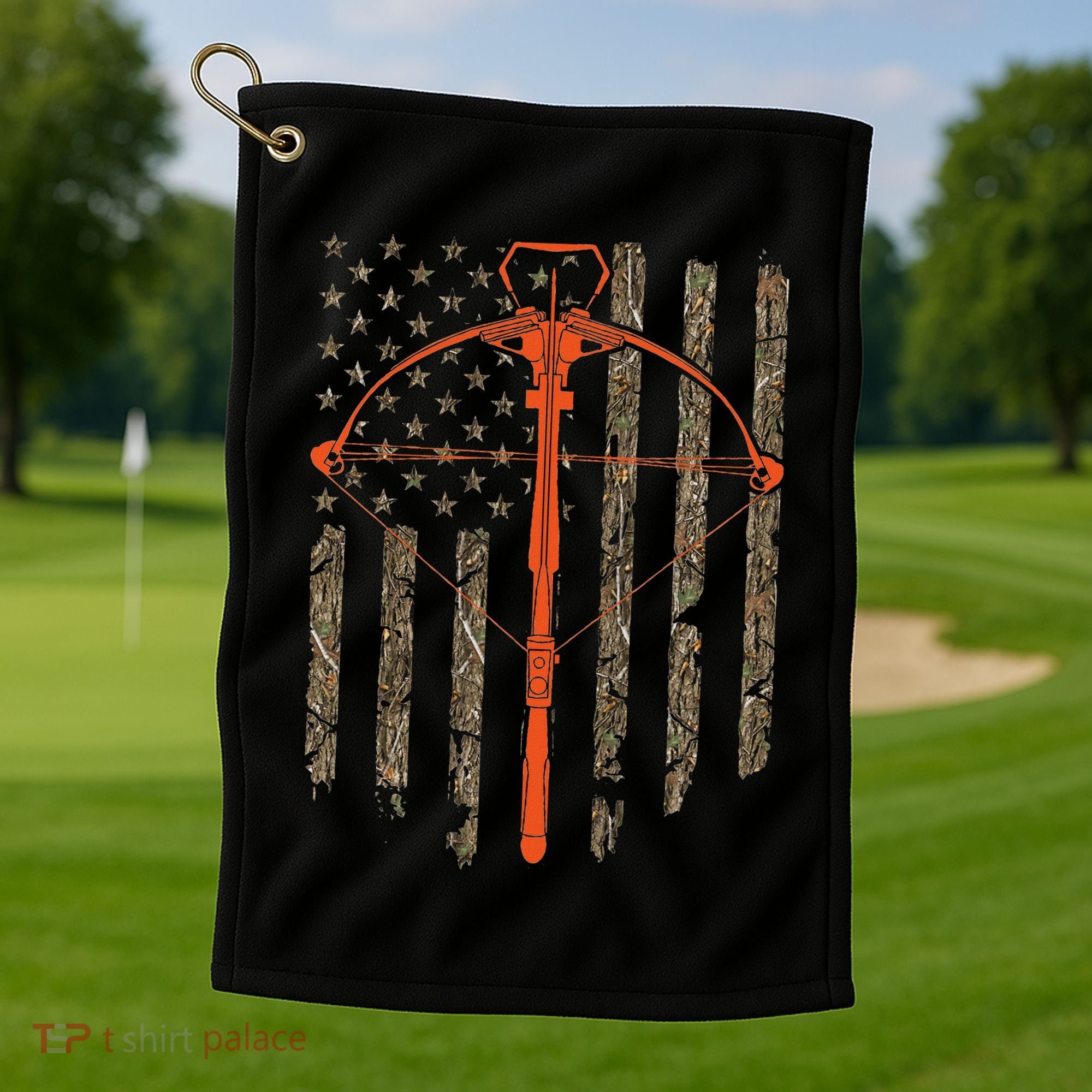 Crossbow Archery Bow Hunting Camo American Flag Distressed Golf Towel