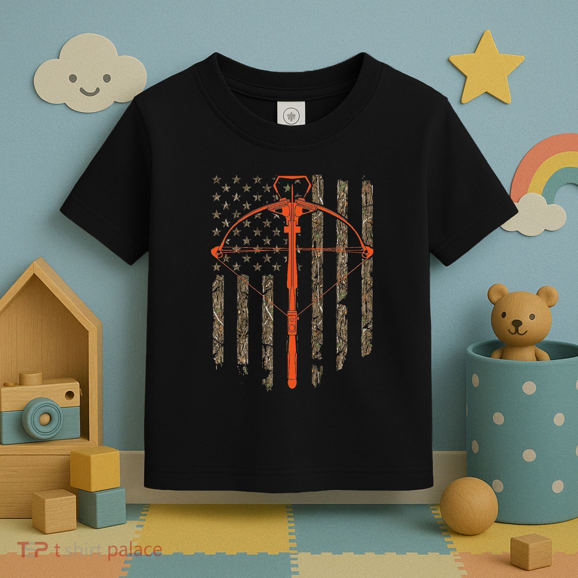 Crossbow Archery Bow Hunting Camo American Flag Distressed Toddler T-Shirt