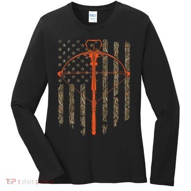 Crossbow Archery Bow Hunting Camo American Flag Distressed Women's Long Sleeve Shirt