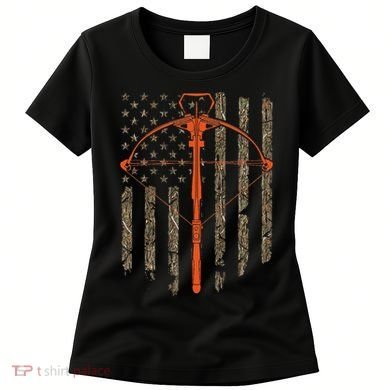 Crossbow Archery Bow Hunting Camo American Flag Distressed Women's T-Shirt