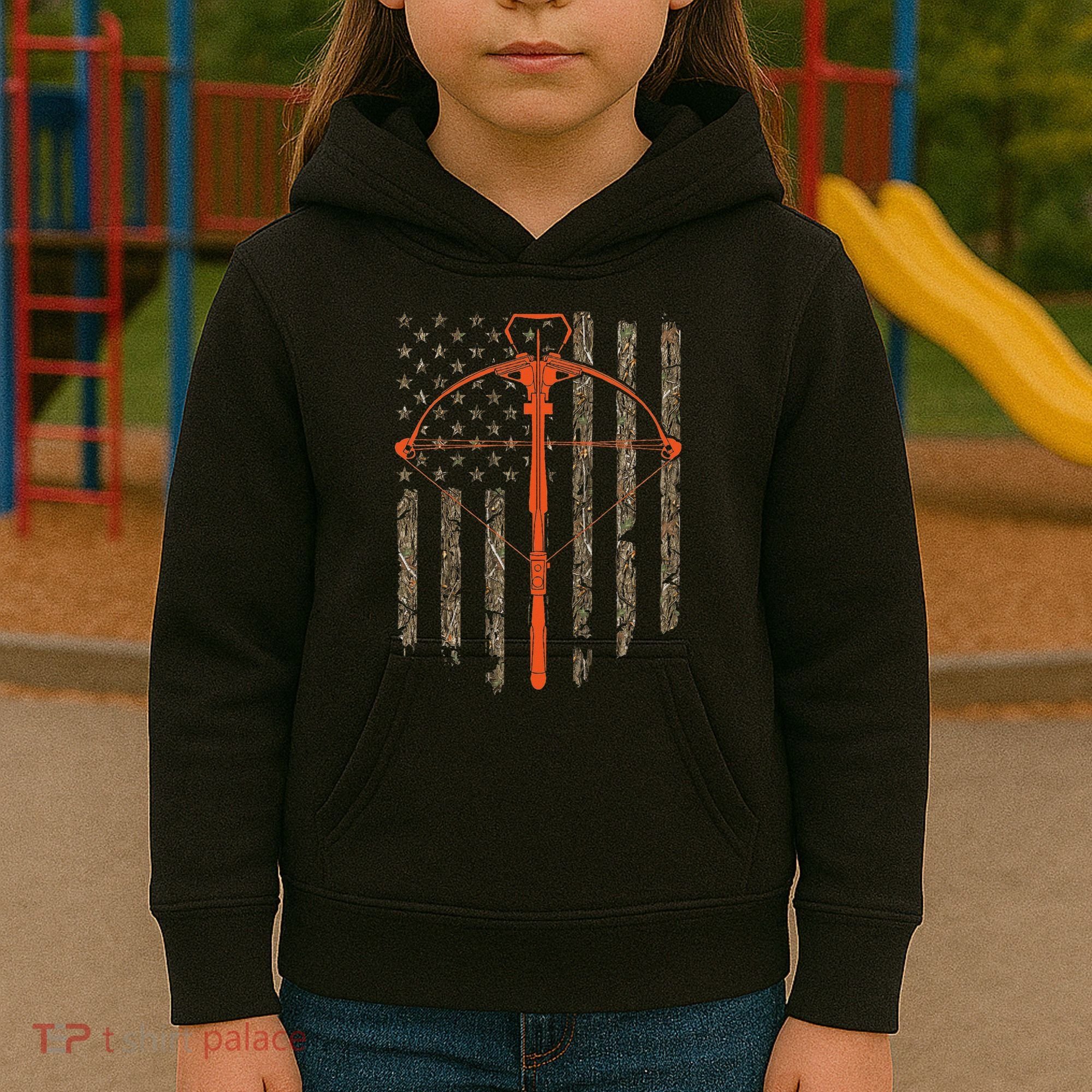 Crossbow Archery Bow Hunting Camo American Flag Distressed Kids Hoodie