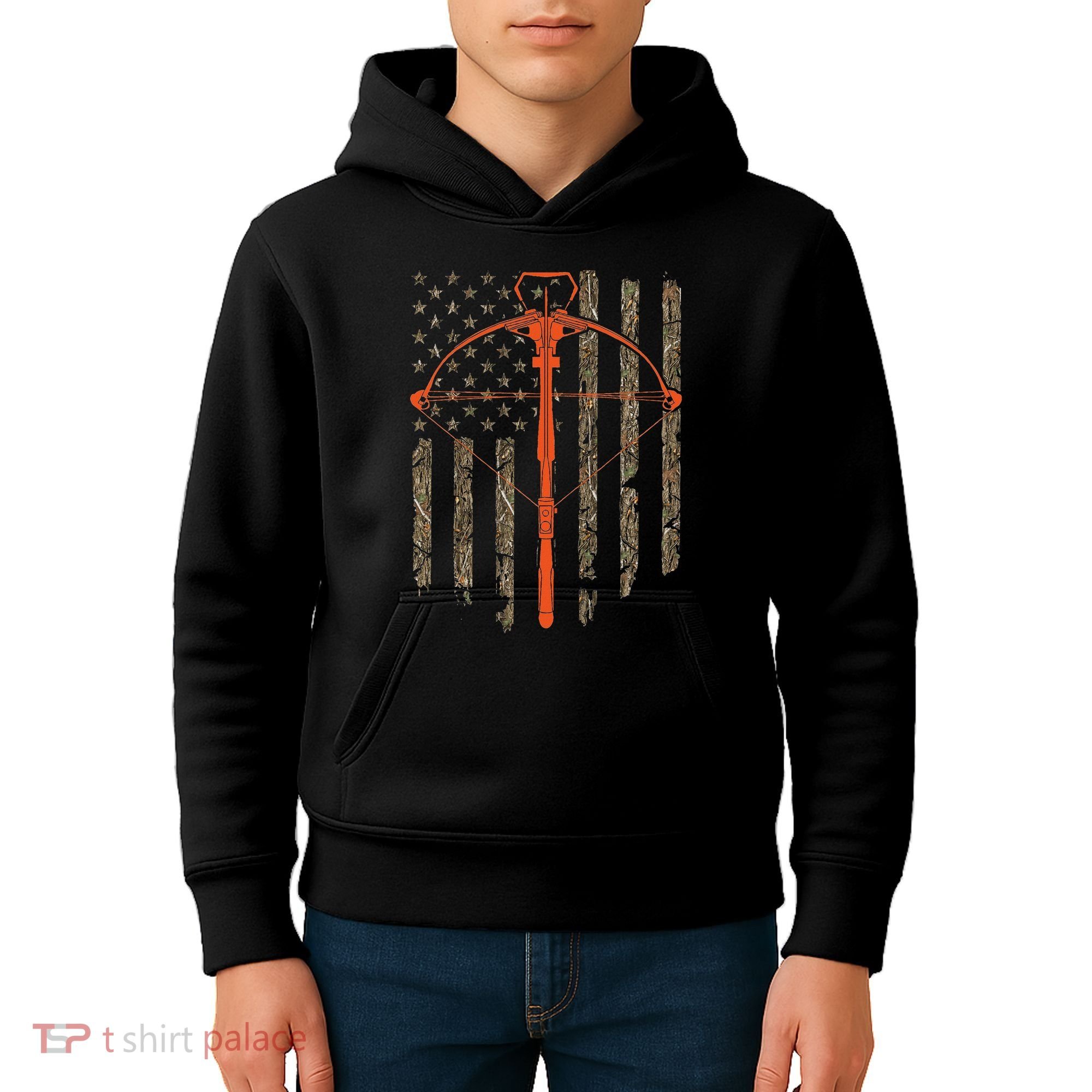 Crossbow Archery Bow Hunting Camo American Flag Distressed Kids Hoodie