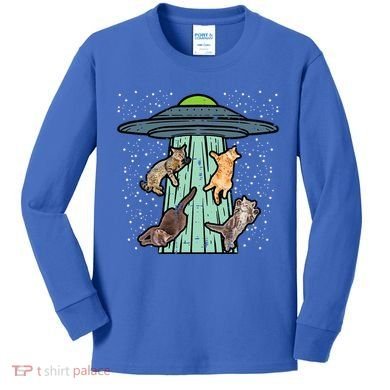 Cats Abducted By Ufo Funny Alien Space Lover Kids Long Sleeve Shirt