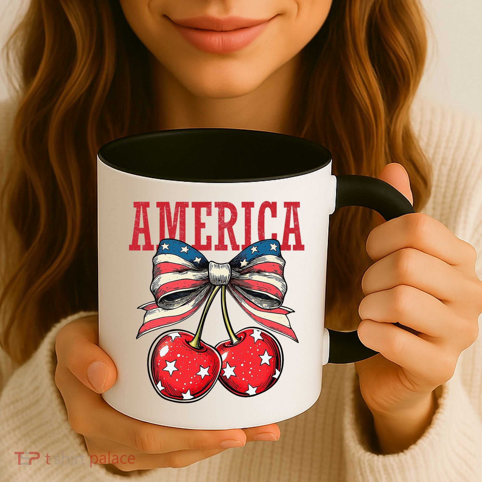 Cute America Cherries Coquette Bow Funny Cherry 4th Of July Coffee Mug