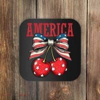 Cute America Cherries Coquette Bow Funny Cherry 4th Of July Coaster thumb 0