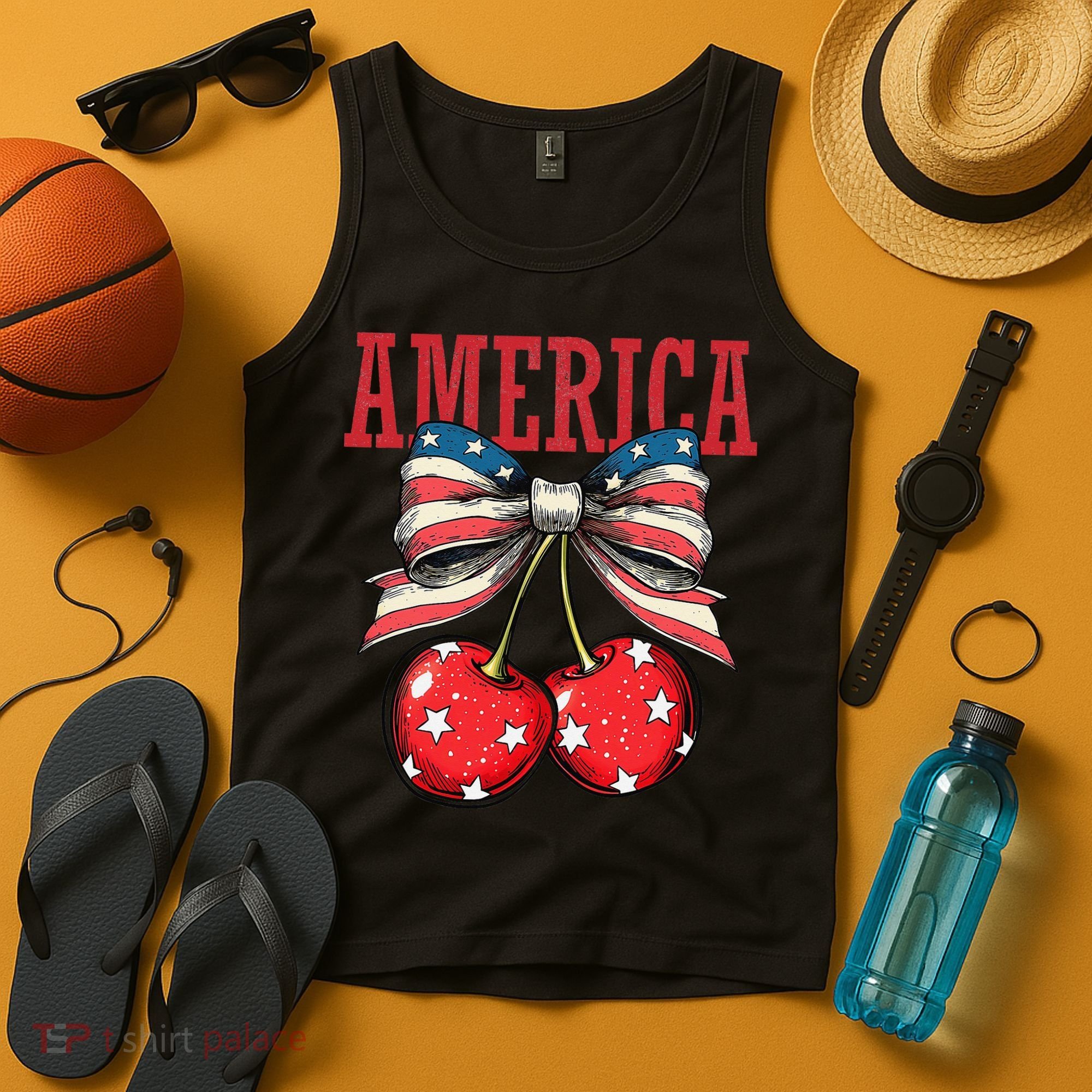Cute America Cherries Coquette Bow Funny Cherry 4th Of July Tank Top