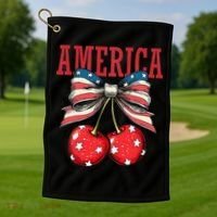Cute America Cherries Coquette Bow Funny Cherry 4th Of July Golf Towel thumb 1