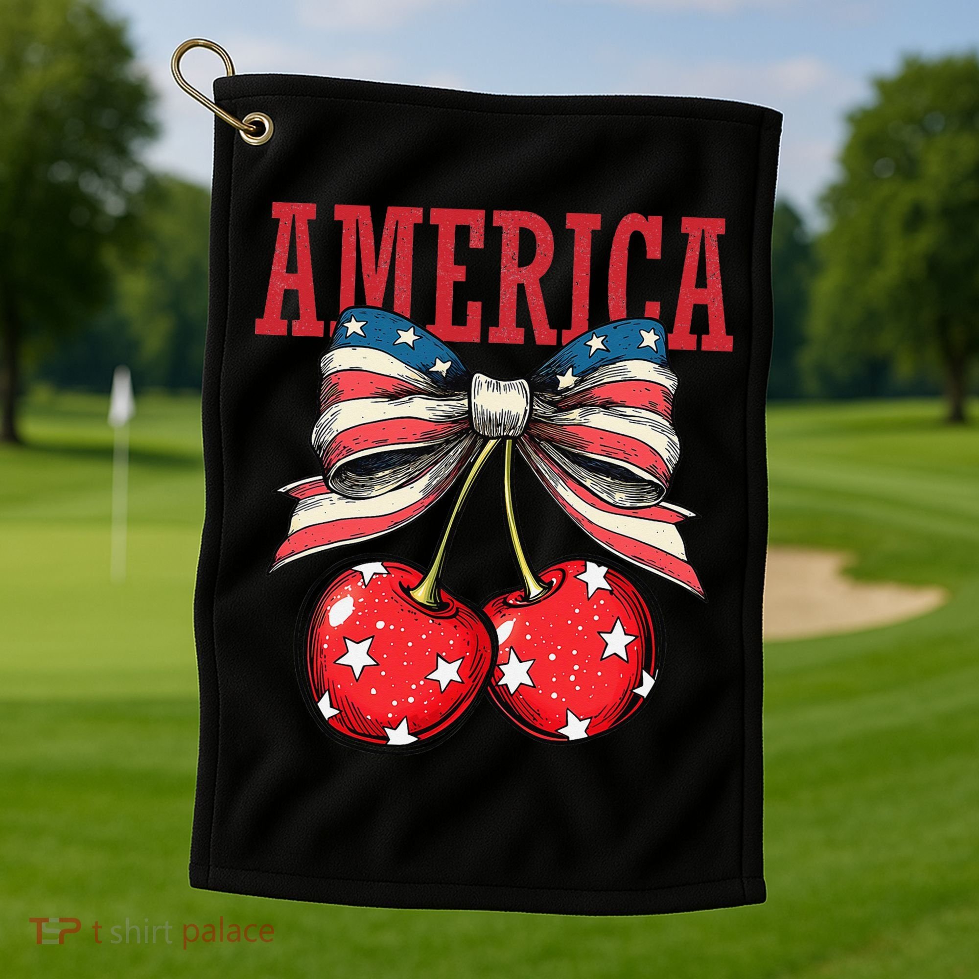 Cute America Cherries Coquette Bow Funny Cherry 4th Of July Golf Towel