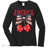 Cute America Cherries Coquette Bow Funny Cherry 4th Of July Women's Long Sleeve Shirt thumb 0