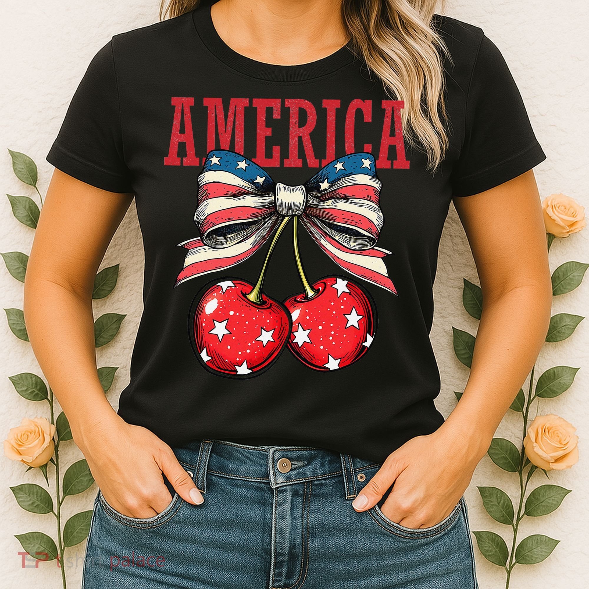 Cute America Cherries Coquette Bow Funny Cherry 4th Of July Women's T-Shirt