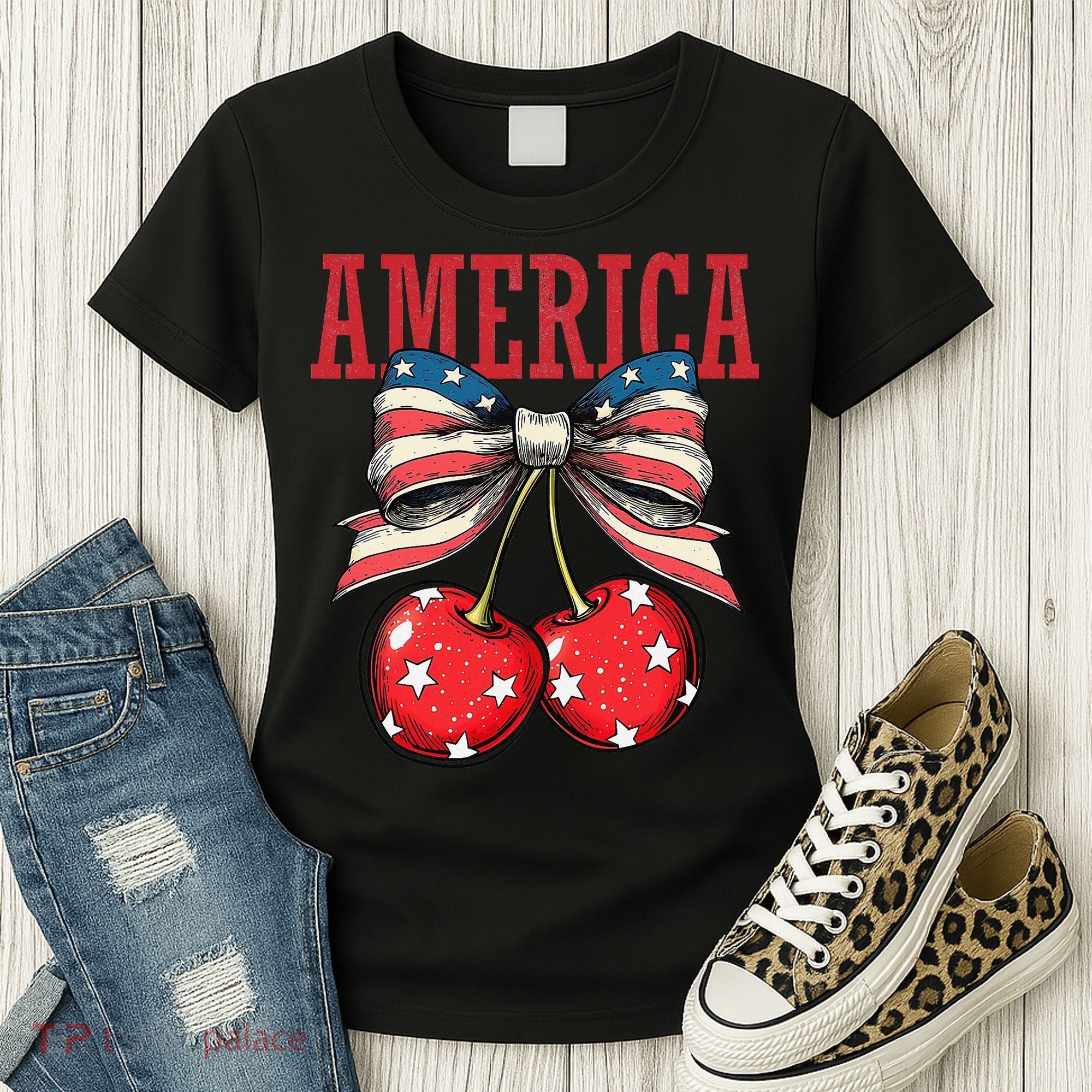 Cute America Cherries Coquette Bow Funny Cherry 4th Of July Women's T-Shirt