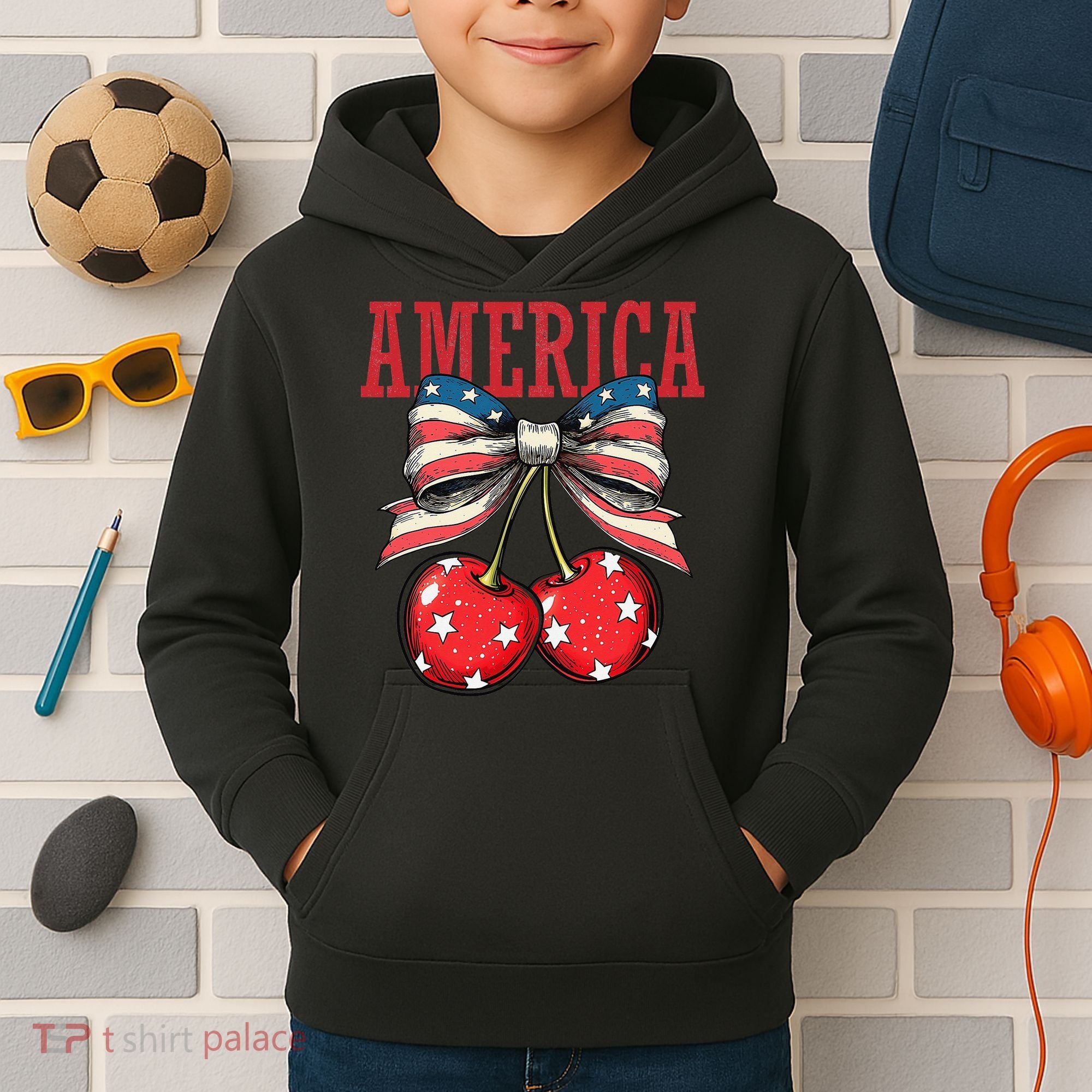 Cute America Cherries Coquette Bow Funny Cherry 4th Of July Kids Hoodie