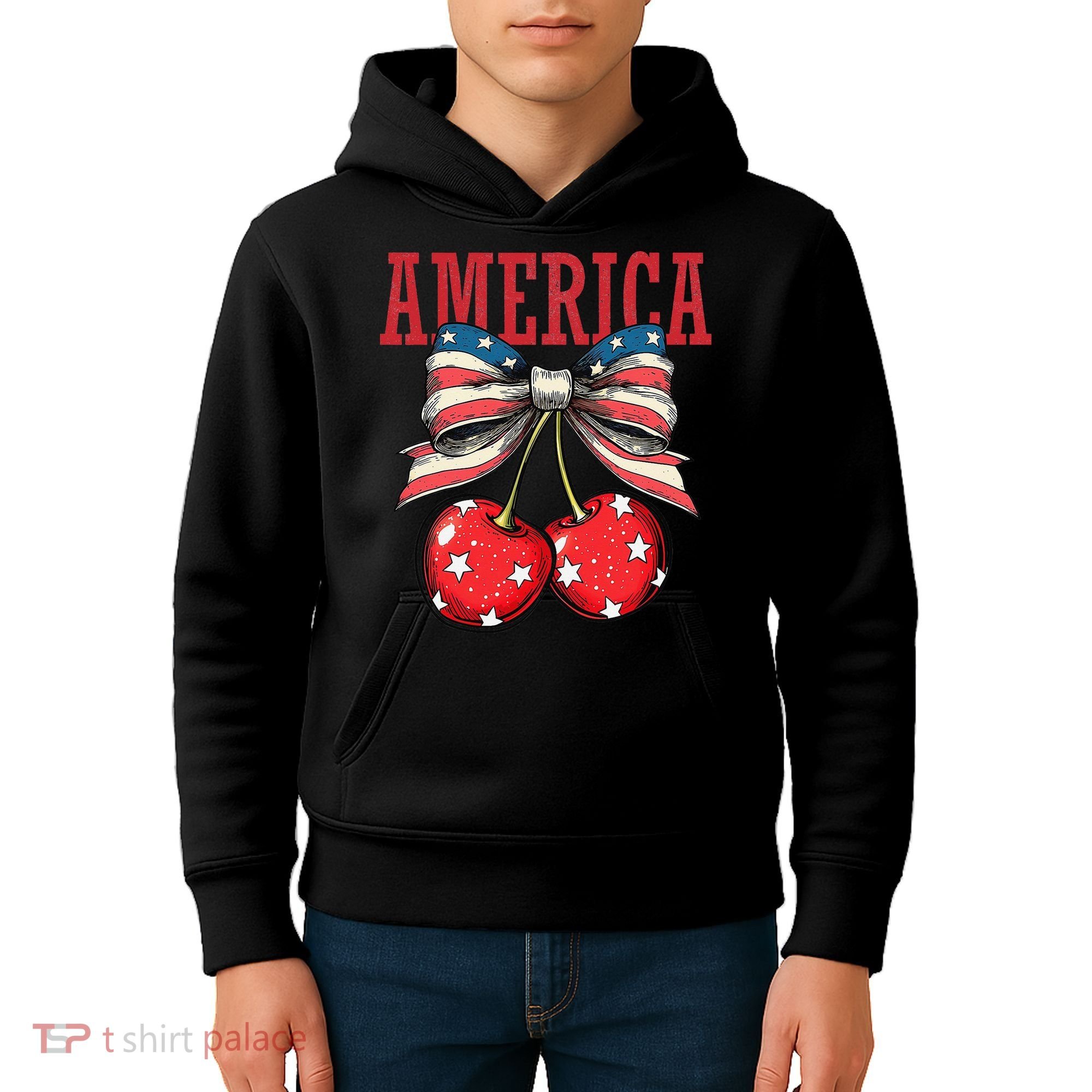Cute America Cherries Coquette Bow Funny Cherry 4th Of July Kids Hoodie