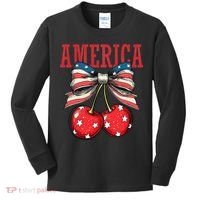 Cute America Cherries Coquette Bow Funny Cherry 4th Of July Kids Long Sleeve Shirt thumb 0