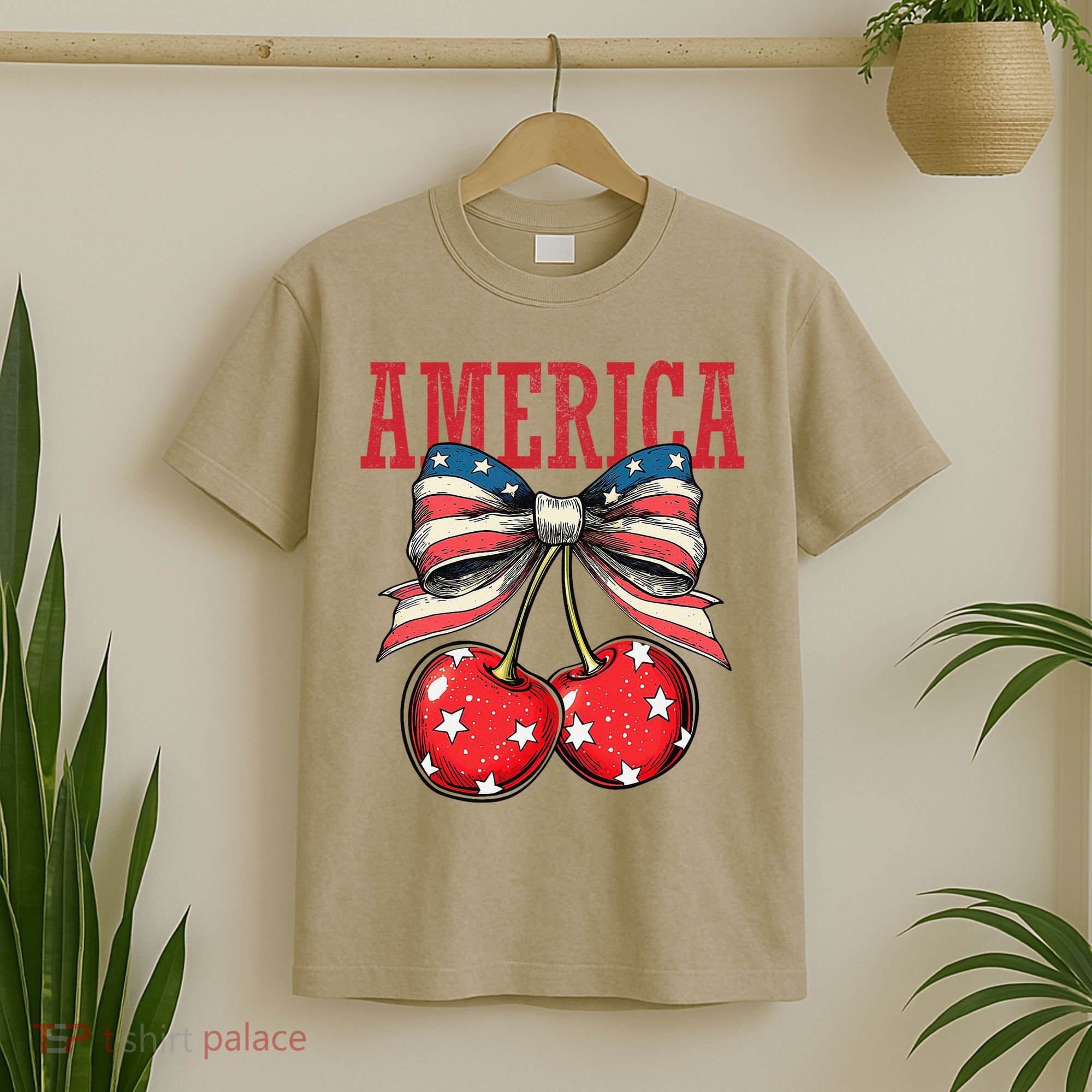 Cute America Cherries Coquette Bow Funny Cherry 4th Of July T-Shirt