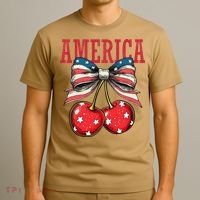 Cute America Cherries Coquette Bow Funny Cherry 4th Of July T-Shirt thumb 3