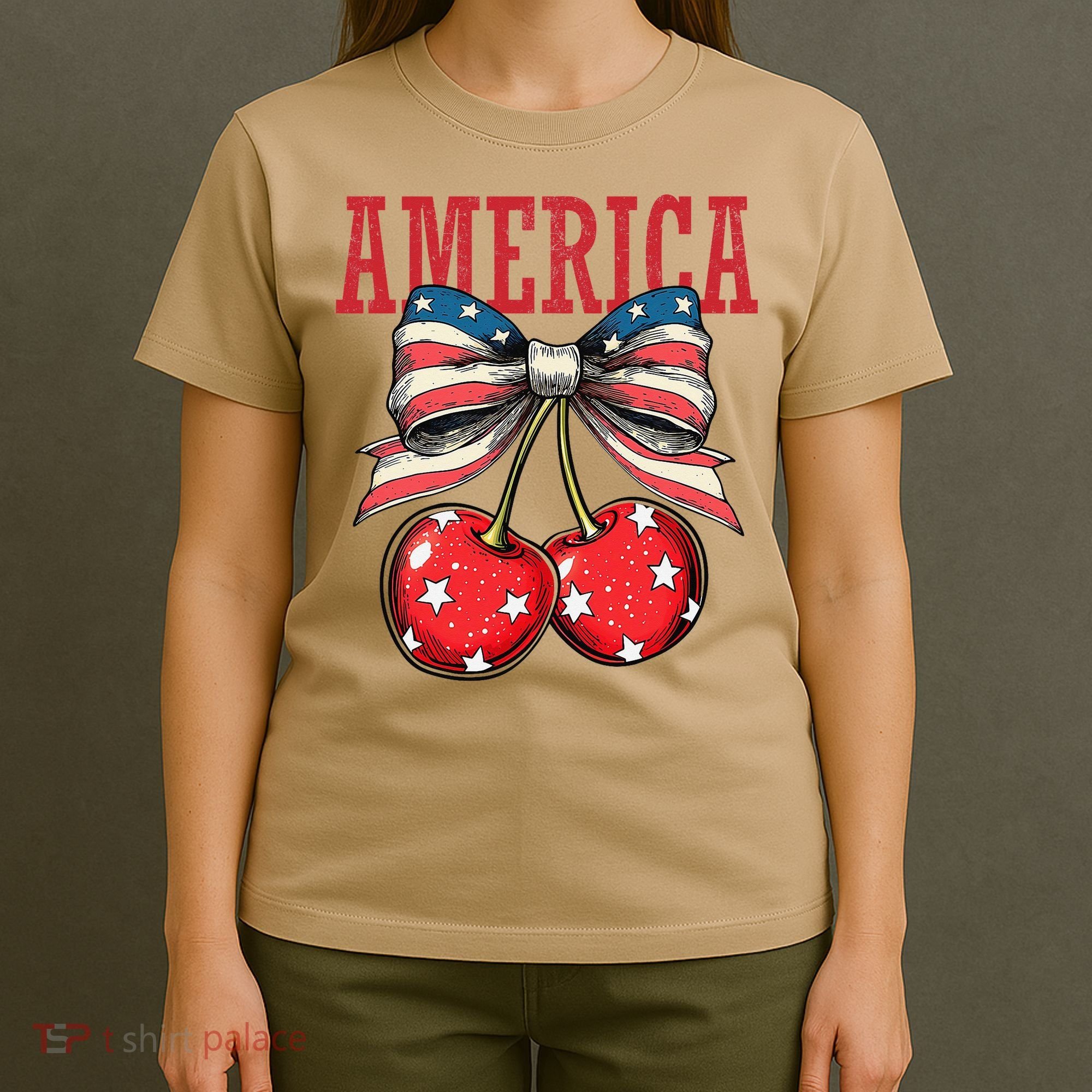 Cute America Cherries Coquette Bow Funny Cherry 4th Of July T-Shirt